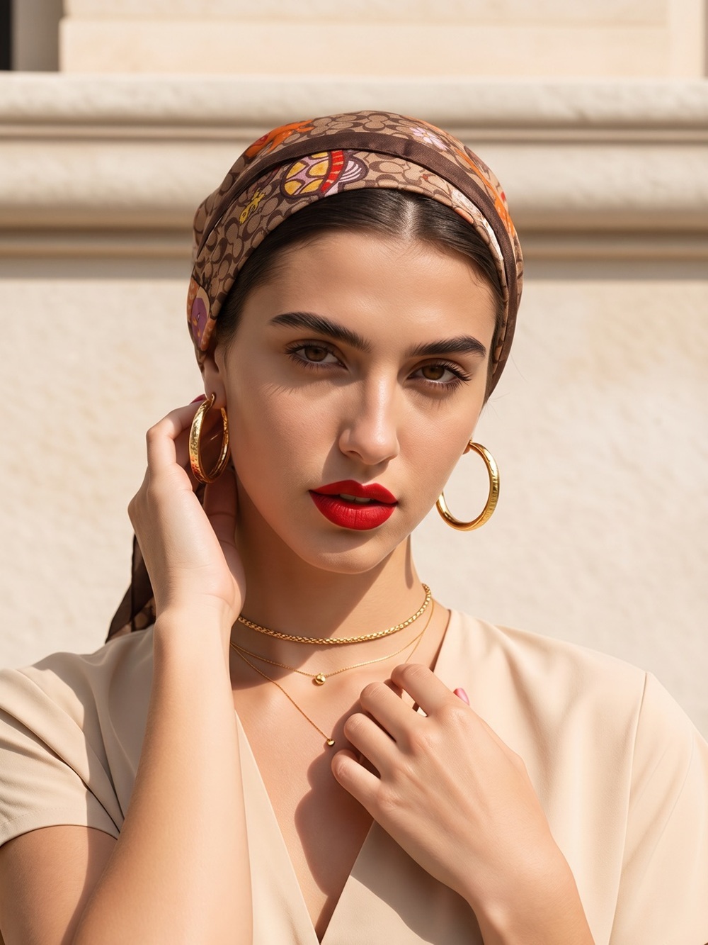 Brown Patterned Silk-Feel Headscarf with Orange Accents - Picture 5 of 11